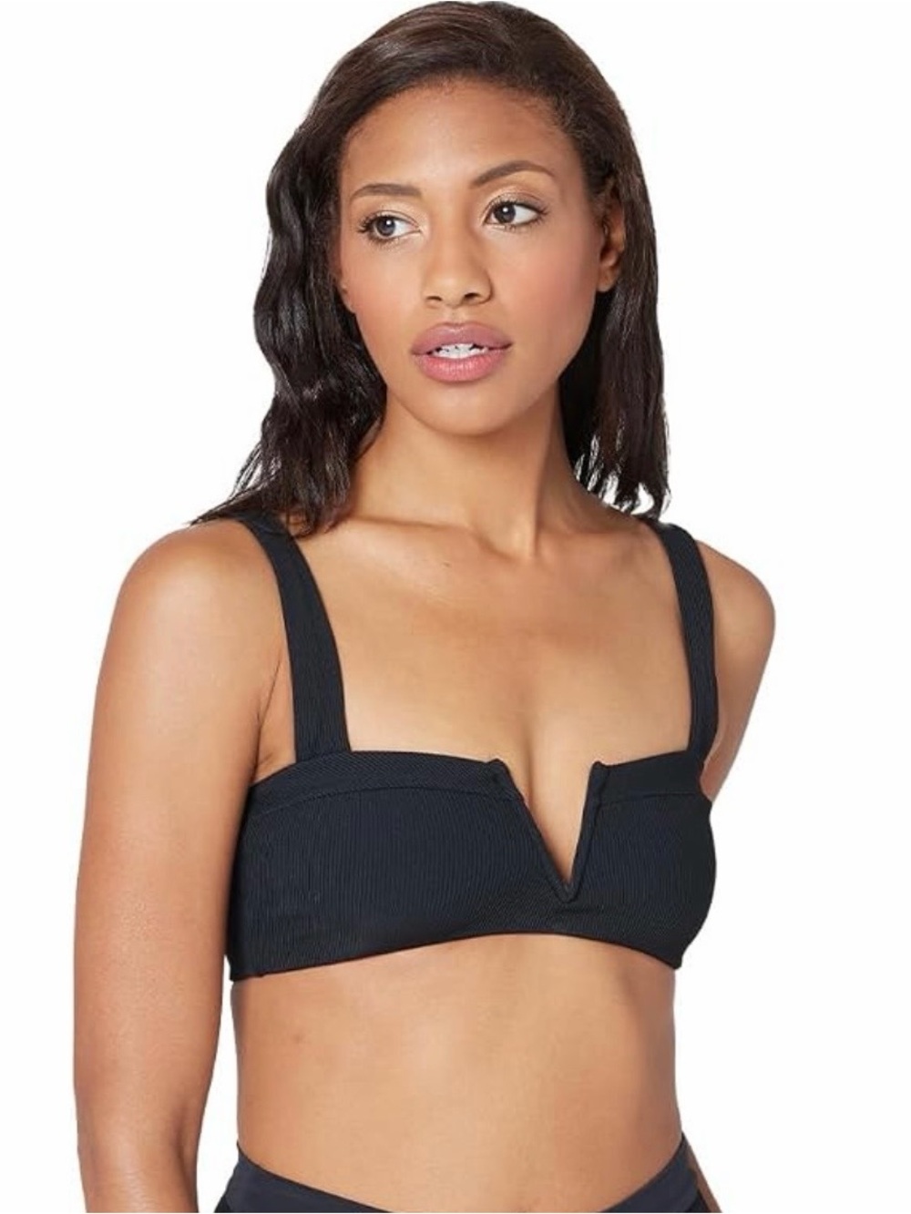 Ribbed V-Notch Bandeau Bralette — Black